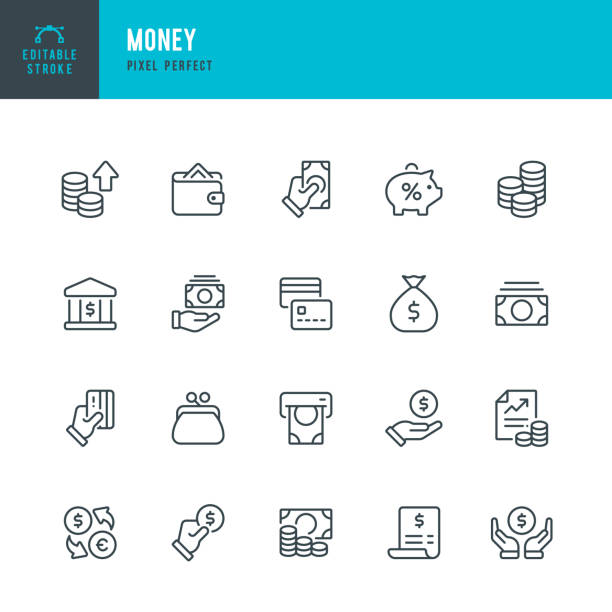 stockillustraties, clipart, cartoons en iconen met money - set of vector linear icons. pixel perfect. editable stroke. the set includes a money, bank, money bag, wallet, change purse, piggy bank, atm machine, financial bill, paycheck, credit card. - papiergeld