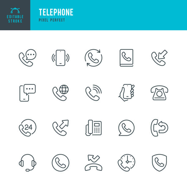 Telephone - set of vector linear icons. Pixel perfect. Editable stroke. The set includes a Telephone, Smart Phone, Call Center, Support, Headset, Retro Phone, Telephone Receiver, Using Phone, Incoming Call, Callback. Telephone - set of vector linear icons. 20 icons. Pixel perfect. Editable outline stroke. The set includes a Telephone, Smart Phone, Call Center, Support, Headset, Retro Phone, Telephone Receiver, Using Phone, Incoming Call, Outgoing Call, Callback, International Call. Cell stock illustrations