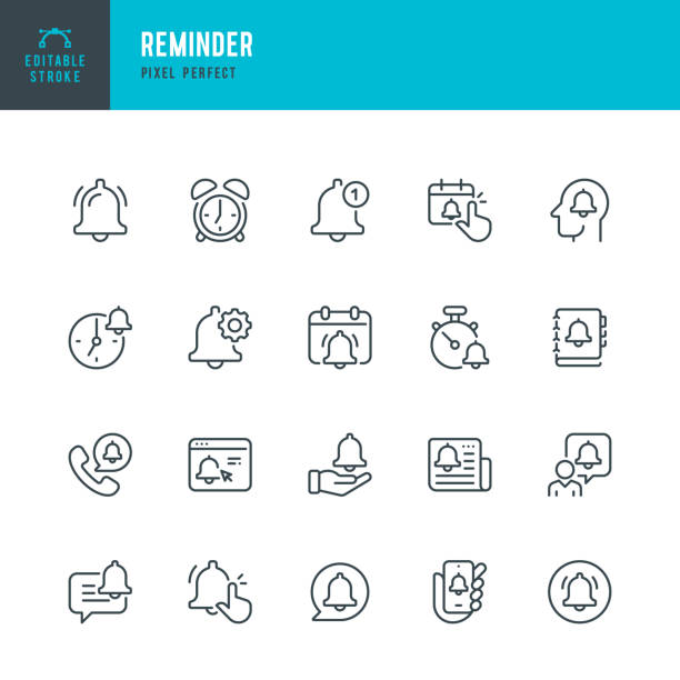 stockillustraties, clipart, cartoons en iconen met reminder - set of vector linear icons. pixel perfect. editable stroke. the set includes a reminder, bell, alarm clock, reminder message, calendar, personal organizer, smart phone, stopwatch. - notificatiepictogram
