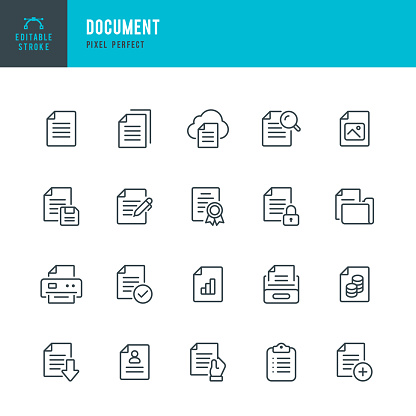 Document - set of vector linear icons. 20 icons. Pixel perfect. Editable outline stroke. The set includes a Document, File, Certificate, File Downloading, Resume, Report, Document Approved, Portfolio, Checklist, Archive, Document Searching, Image, Computer Printer.