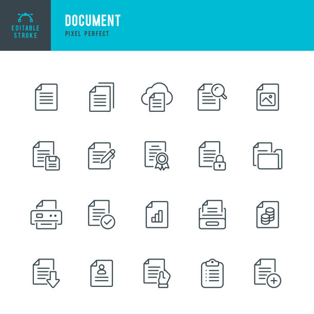 Document - set of vector linear icons. Pixel perfect. Editable stroke. The set includes a Document, File, Diploma, File Downloading, Resume, Report, Document Approved, Portfolio, Checklist, Archive, Document Searching, Computer Printer. Document - set of vector linear icons. 20 icons. Pixel perfect. Editable outline stroke. The set includes a Document, File, Certificate, File Downloading, Resume, Report, Document Approved, Portfolio, Checklist, Archive, Document Searching, Image, Computer Printer. paperwork stock illustrations