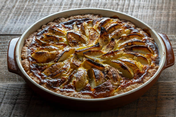 istock Apple pie in a ceramic baking dish on a wooden table. Homemade apple pie. Closeup 2150248044