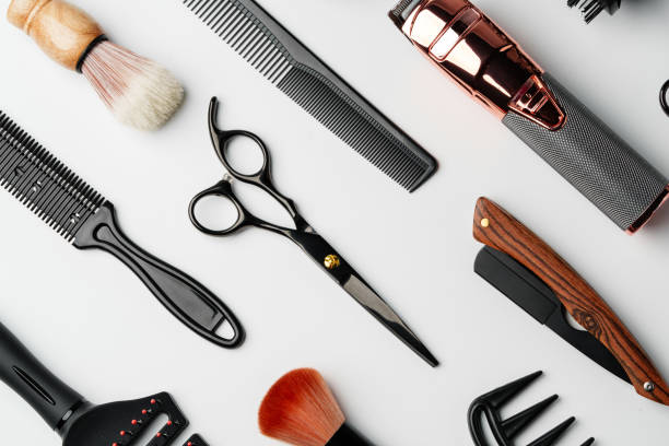 istock Pattern of various shaving and bauty care accessories for men on gray background 2150248077