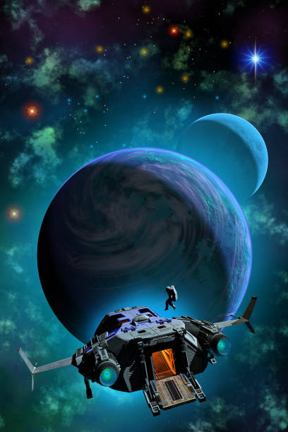 spaceships and astronaut flying around an alien planetary system in the nebula, 3d illustration, science fiction scene