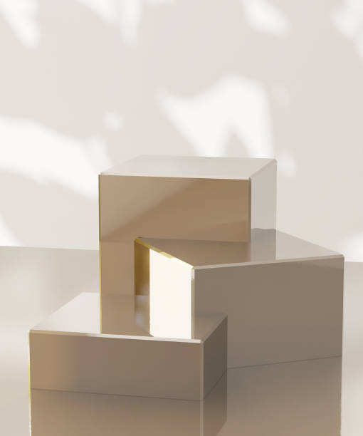 istock Three modern shiny gold cuboid podium, geometric pedestal on counter, dappled light on white wall 2150251644