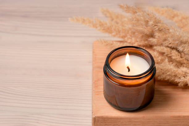 istock Scented burning candle with pampas grass 2150251812