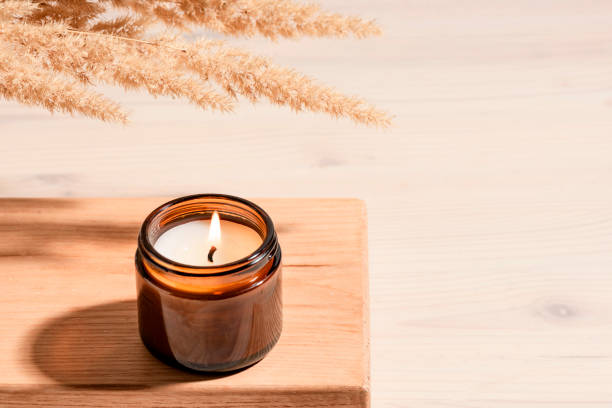 istock Cozy burning candle with pampas grass 2150251816