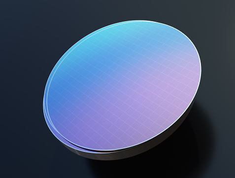 300mm Semiconductor wafer disk isolated on black background. 3D rendering image.