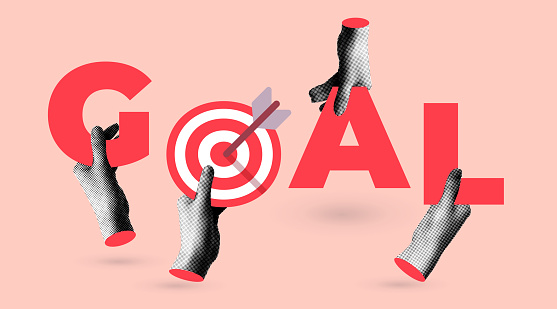 Halftone hands holding word Goal. Target with an arrow in the center. Modern collage. Teamwork concept. Reach the goal together. Retro newspaper cut out paper elements. Trendy vintage newspaper parts