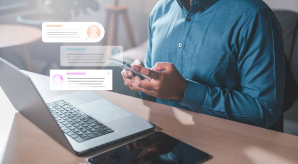 istock chat text messages online notices via cell phone, chatting bubble speeches balloons notifications. 2150254204
