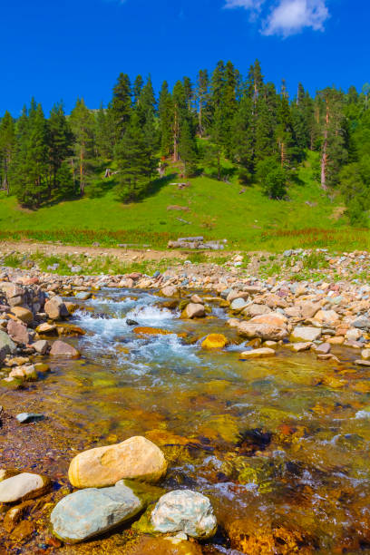 small river rushing among mountain canyon
