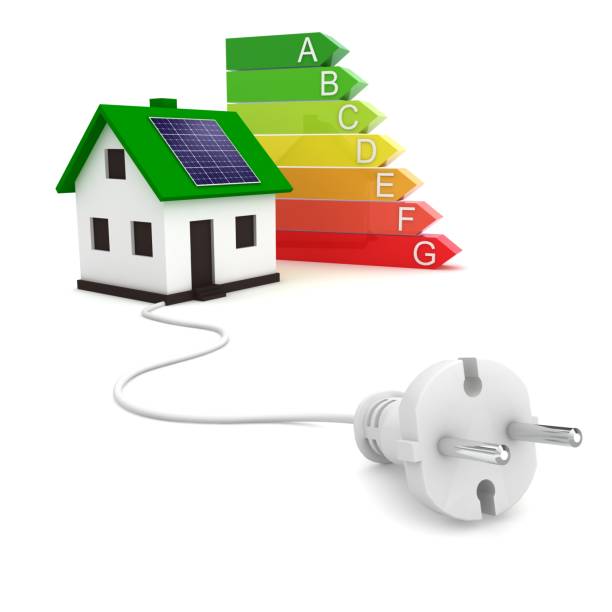 istock Energy efficiency solar panel house rating electric plug 2150256652