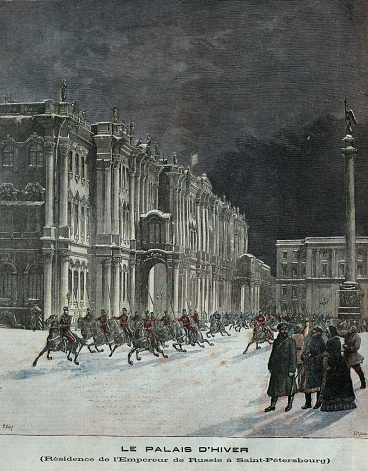 Vintage illustration of Russian soldiers outside the Winter Palace, Saint Petersburg, Russia, 19th Century History