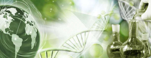 istock image combining the globe, a stylized model of DNA, flasks and liquid pouring into them, which implies the concept of scientific biological research 2150258357