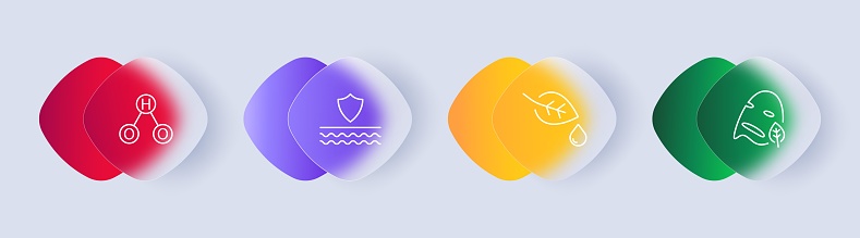 Skin care icon set. Cream, protection from sun rays and water, face, mask, natural product, HO2, silhouette, flat design, nourishing liquid, gradient. Health care concept. Glassmorphism style.