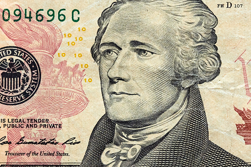 Close-up ten American dollar banknote, top view point. High quality photo