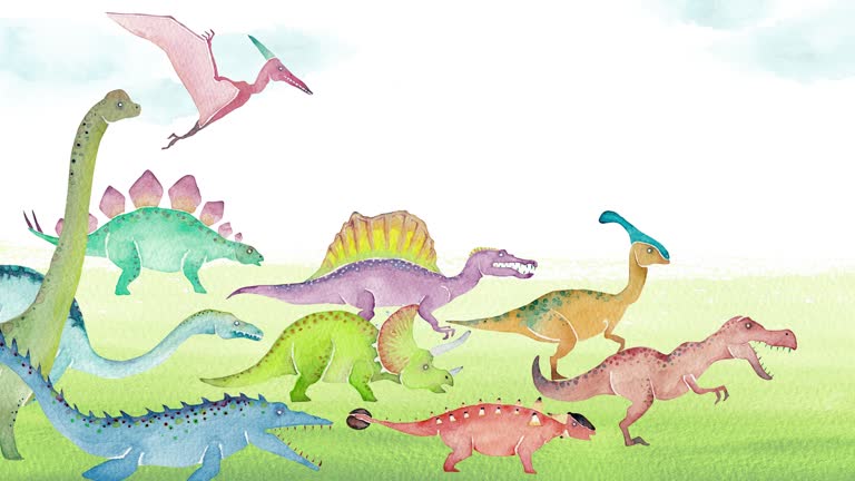 Loop video of dinosaurs watercolor illustration