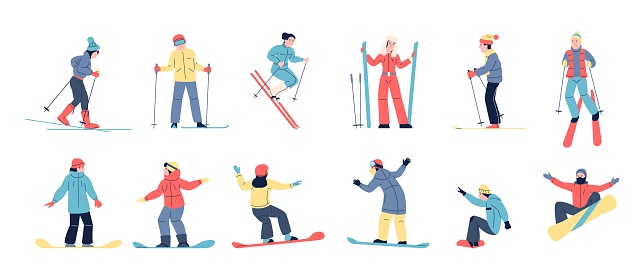 Skiers and snowboarders. Winter sport activities, people training on ski and snowboard. Athletic outdoor seasonal activity recent vector characters of winter skier activity illustration