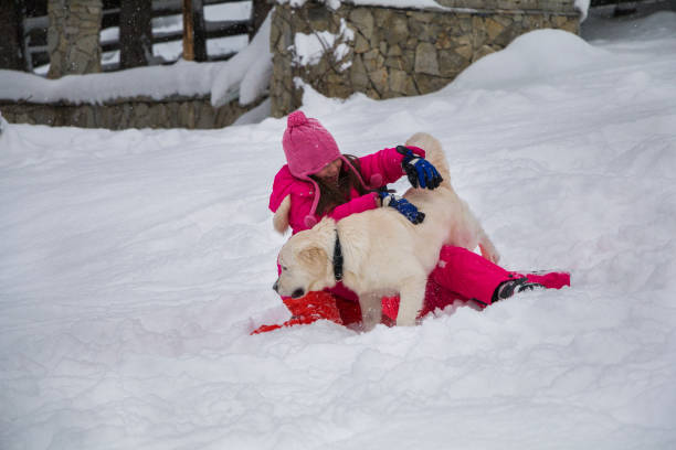 A little girl fell while learning to ski. Her little dog comes to help her. She embraces him.