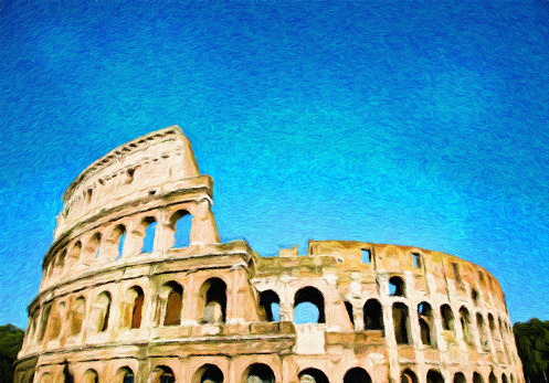 Rome, Italy - Colosseum on blue sky - Creative illustration, vintage impressionistic design