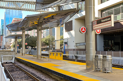 Austin, Texas, USA - 8 February 2023: Empty platform at the downtown Metrorail railway station in Austin