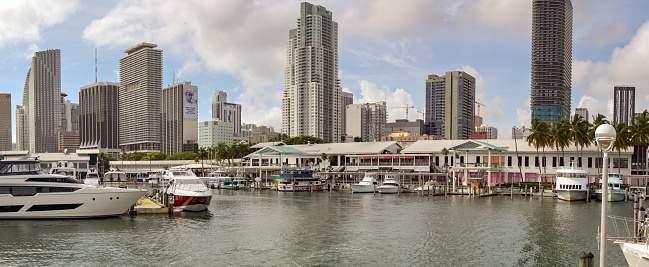Miami, Florida, USA - 1 December 2023: Panoramic landscape view of the marina on the waterfront at Bayside Market Place in Miami