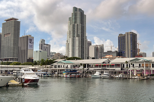 Miami, Florida, USA - 1 December 2023: Landscape view of the marina on the waterfront at Bayside Market Place in Miami