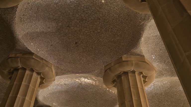 Park Guell, Barcelona, Spain. Ceiling and Columns, Low Angle Panorama