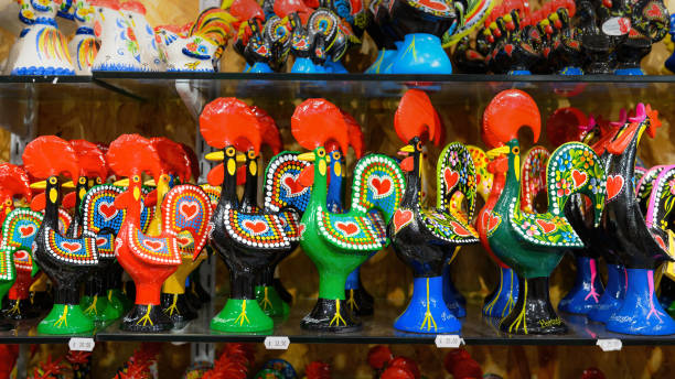 Lisbon, Portugal - March 12, 2024: Traditional souvenir objects in a small business retail display in the market. The city is known for the quality of its ceramics