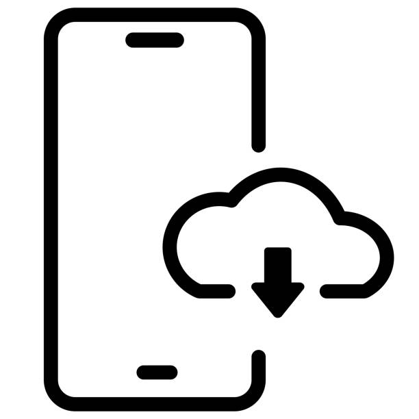 ilustraciones, imágenes clip art, dibujos animados e iconos de stock de icono del botón de carga en la nube. ilustración vectorial de descarga de teléfono. símbolo de almacenamiento en la nube. - aplicación para móviles
