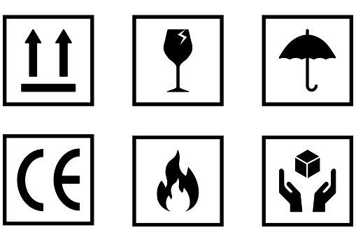 Package icon set. Logistic shipping cardboard labels. Side up, fragile box, keep away from water, umbrella, CE mark, stay away, fire warning, handling with care vector symbol.