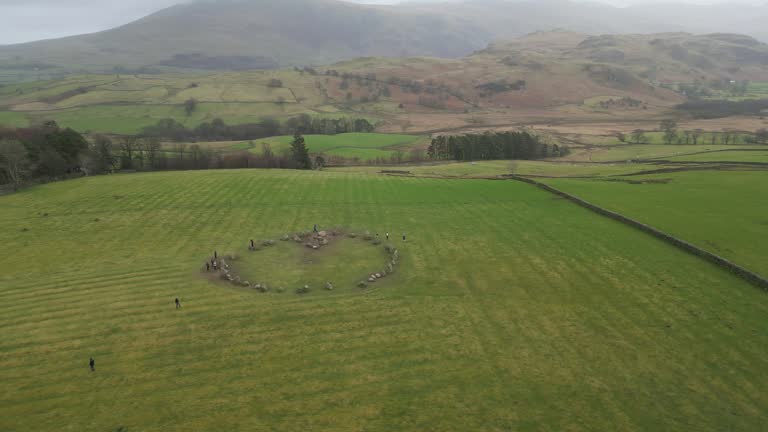 Drone orbiting above the Castlerigg Stone Circle, ancient rock formations of astronomical significance in the valley of Lake District in North West England in United Kingdom.