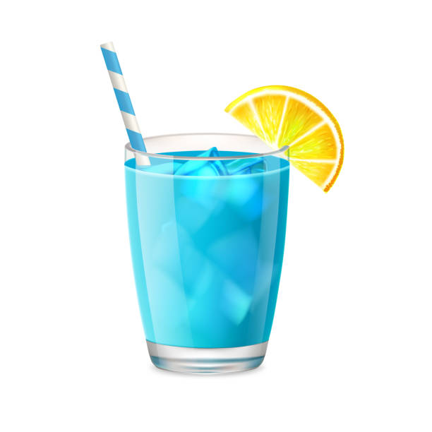 Blue lagoon cocktail Realistic blue lagoon cocktail with drinking straw, ice and lemon. blue cup stock illustrations