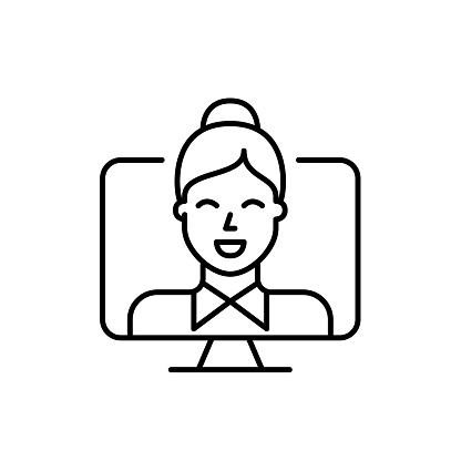 Smartly dressed woman with tie. Remote job interview through video call. Pixel perfect, editable stroke vector icon