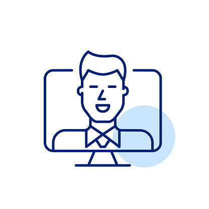 Smartly dressed man with tie. Remote job interview through video call. Pixel perfect, editable stroke vector icon