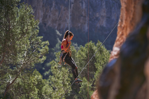 Side view of fit female climber in sportswear and safety harness with various carabines rappeling down cliff on rope and looking down