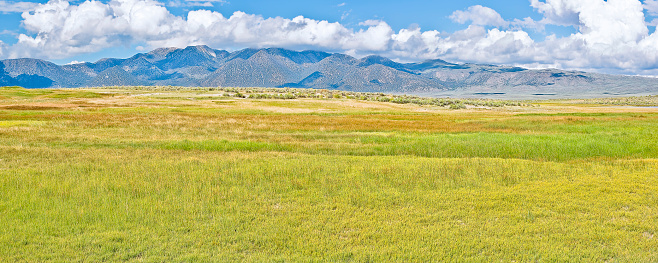 Sierra Nevada desert landscape with boundless prairie and mountain range - Panoramic view - California - USA