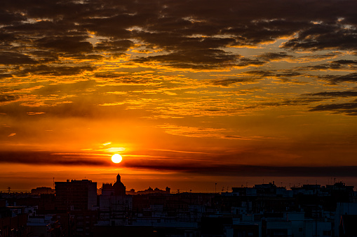 Sunrise over Valencia city. Spain. High resolution outdoors digital capture taken with Sony A7rII and Canon EF 70-200mm f/2.8L IS II USM Telephoto Zoom Lens
