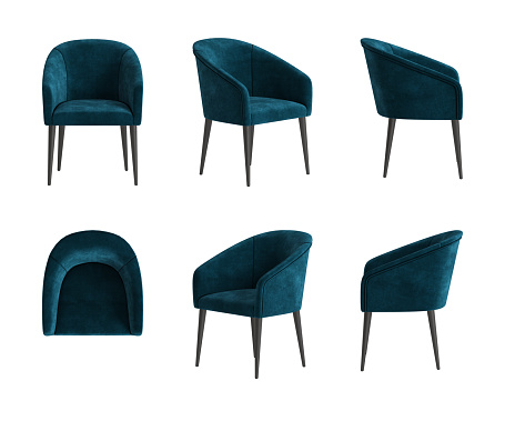 Set of six views of a chair with a quilted back, velvet dark blue cover and four black legs isolated on a transparent background. Front view, top view, two sides, and two perspectives. 3d render