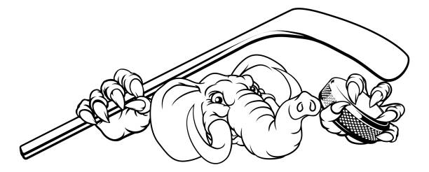 Elephant Ice Hockey Player Animal Sports Mascot An eagle ice hockey player animal sports mascot holding a hockey stick and puck republican elephant logo stock illustrations