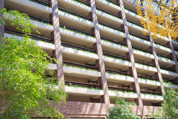 istock Selective focus tree and green covered balcony at atrium courtyard with natural light from skylight roof of modern hotel in Dallas, Texas, ecology and elegance design environment friendly 2150278057