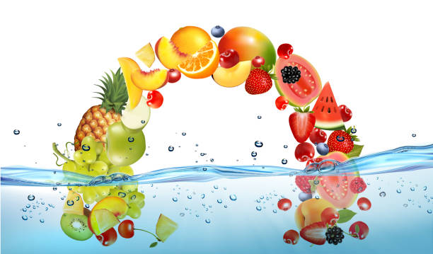 istock Fresh fruit and sweet berries  in transparent water and oxygen bubble. Pineapple, banana, cherry, orange, guava, pear, citron, peach, mango, papaya, grape, kiwi, strawberry, orange. Vector. 2150278545