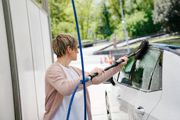 istock Dedicated Woman Using Water Brush to Clean Car Window 2150281497