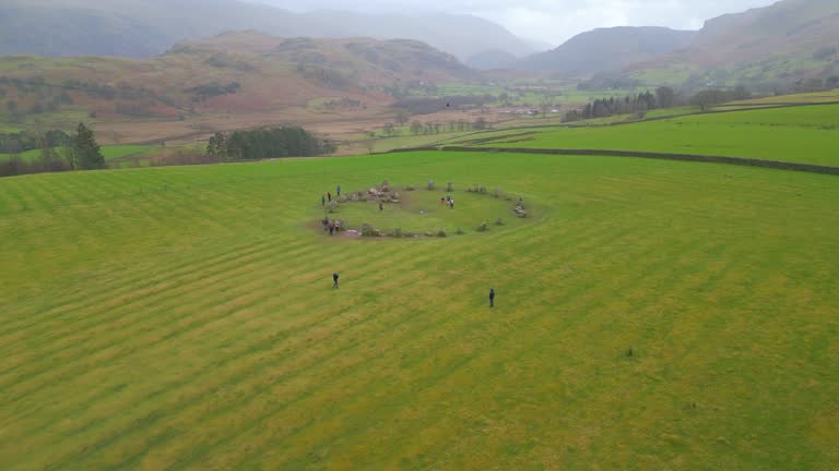 Pedestal drone shot panning slightly to the right side of the frame, in front of the prehistoric rock monuments of Castlerigg Stone Circle, located in the Lake District of Northwest England.