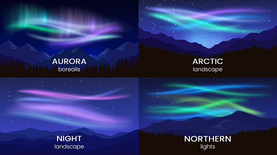 Aurora borealis in the Arctic. Vector set of mountain landscapes. Minimalist flat style. Night starry sky. Design for background, banner, website, flyer.