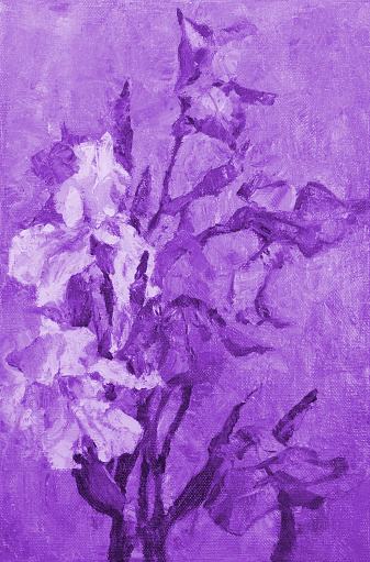 Artistic spring illustration oil painting flowers landscape irises in purple
