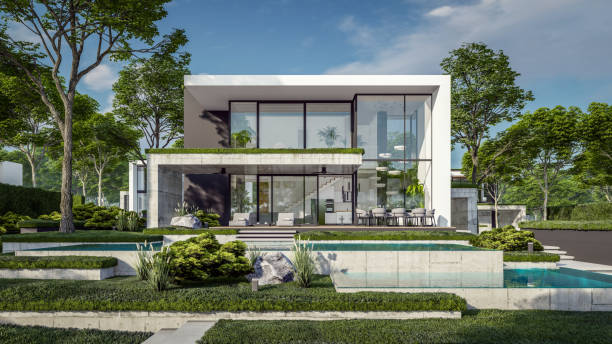 istock 3d rendering of flat roof house with concrete facade 2150289826