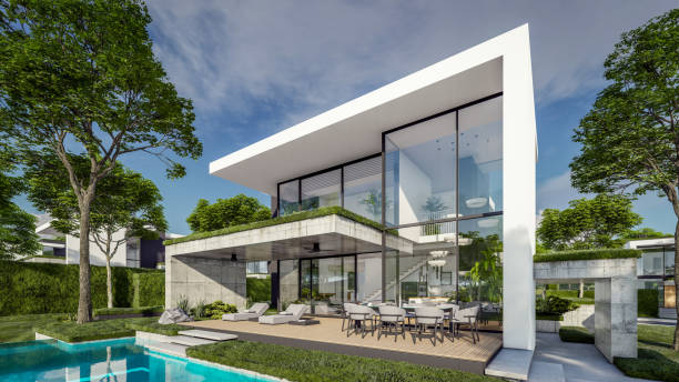 istock 3d rendering of flat roof house with concrete facade 2150289845