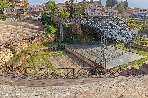 Ohrid, North Macedonia - October 23, 2023: Ancient Macedonian Theatre of Ohrid Classical Greek Open Air Amphitheater Landmark.