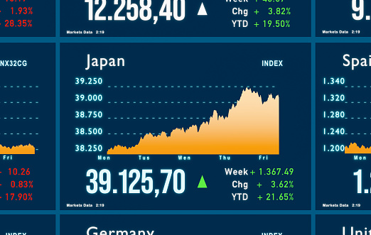 Close-up stock market and exchange monitor with index chart of Japan. Market data, business, information, financial figures, investment, growth. 3D illustration